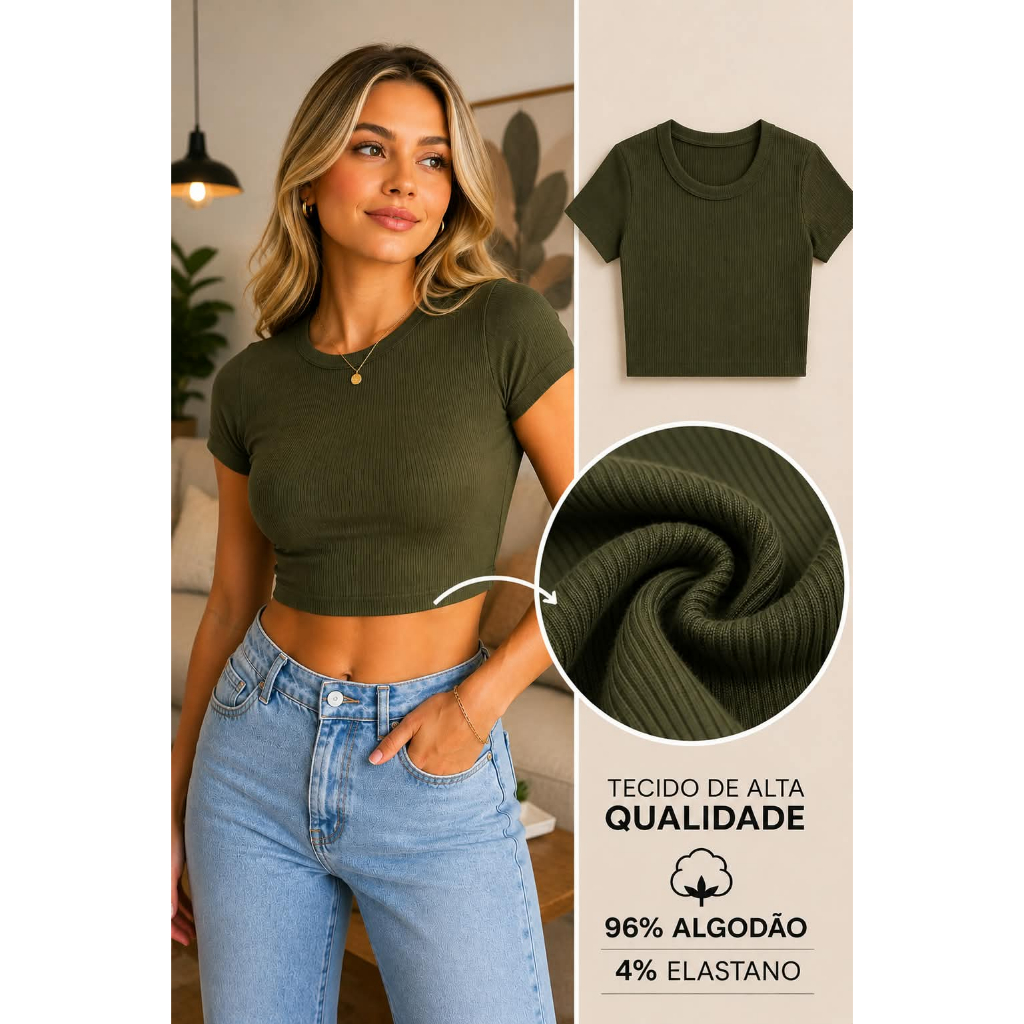 Cropped Canelado Feminino Básico Ribana Manga Curta Casual blusinha curta gola redonda