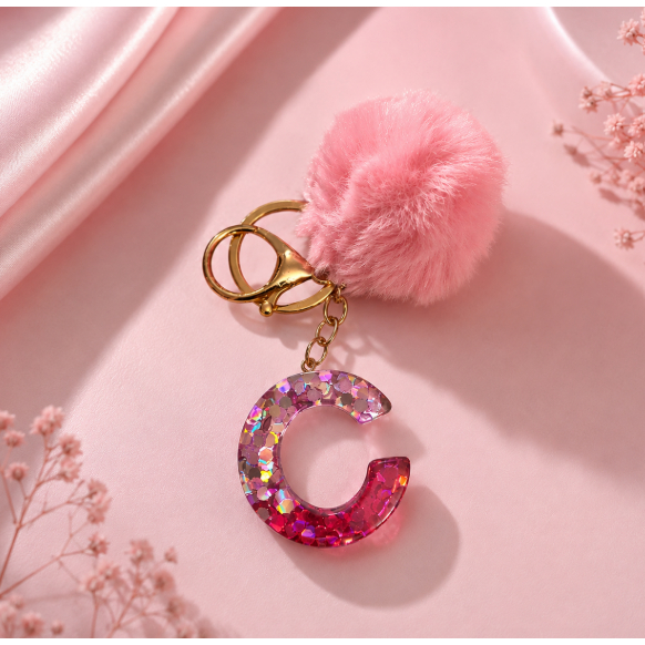 Chaveiro de Resina Rosa – Letra Inicial com Glitter + Pompom com Cor Personalizável pelo Chat