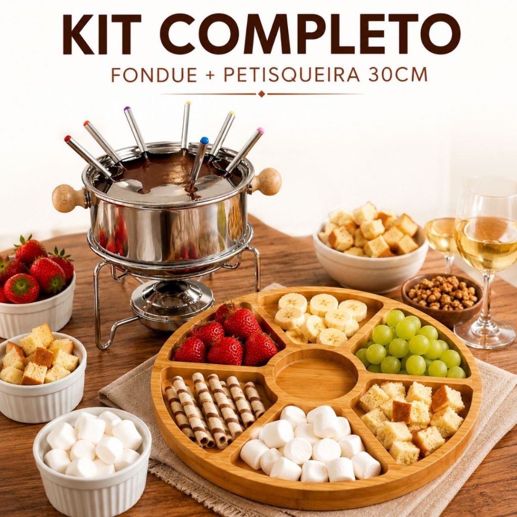 Kit Fondue Completo 11 Peças Inox 6 Garfos + Petisqueira Madeira 30cm para Frios e Petiscos
