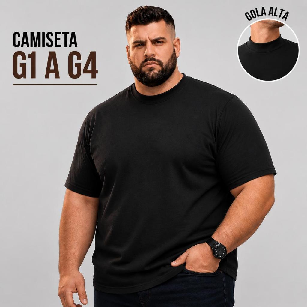 Camiseta Plus Size Masculina Gola Alta Camisa Lisa Slim Basica 100% Algodão