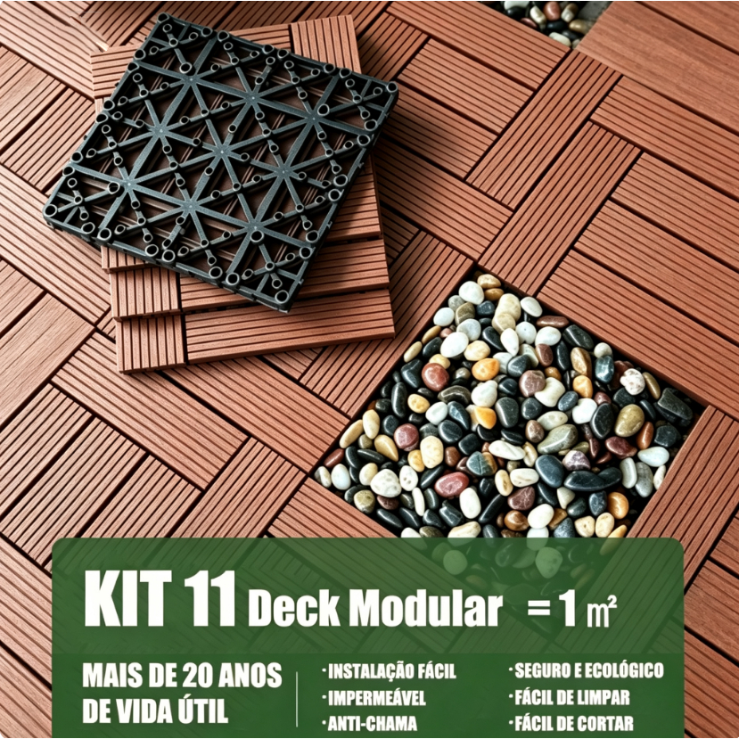 Kit 11 Deck Modular Plástico Textura Madeira Antiderrapante 30x30cm Piso Encaixável para Varanda, Jardim, Banheiro
