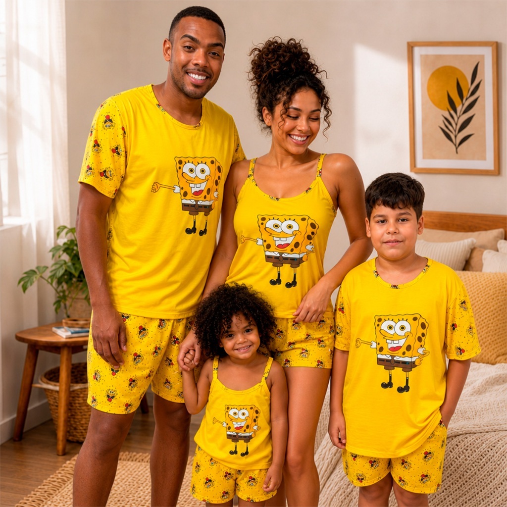 Kit Pijama Família Bob Esponja Estampado Combinando Infatil e Adulto Verão Estampas Divertidas Conforto Premium