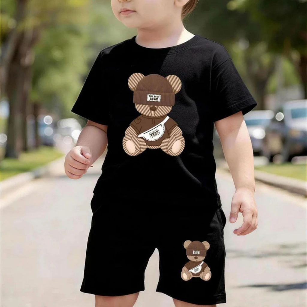 Conjunto Infantil Menino Camiseta Urso + Bermuda Moletinho Look Estiloso Roupa Infantil Casual