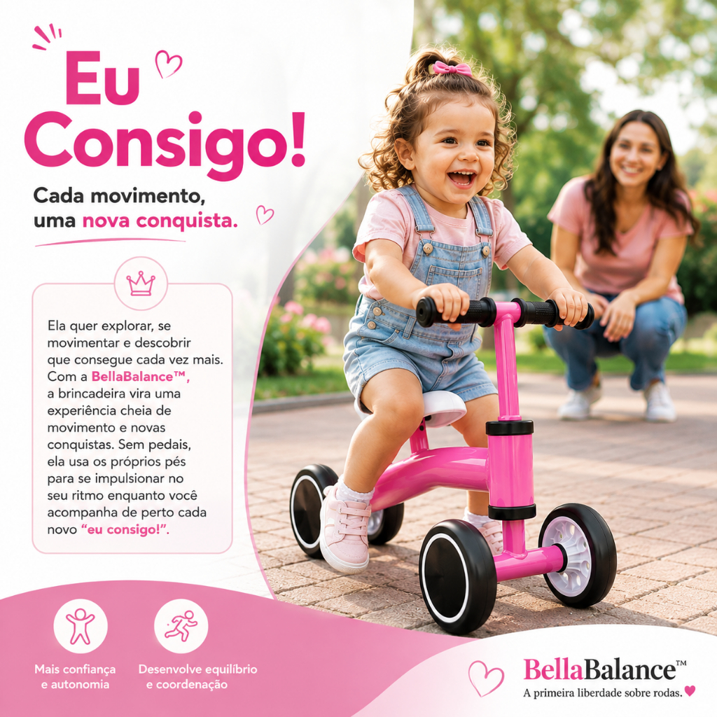 Bicicleta Infantil de Equilíbrio Sem Pedal Rosa BellaBalance™ Coordenação e Aprendizado