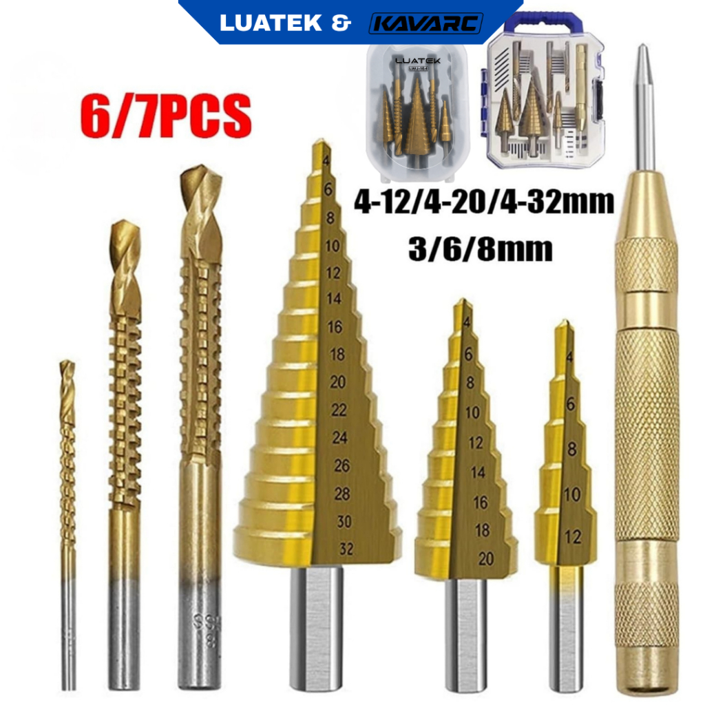 Kit 7 Peças Brocas Escalonadas para Metal Aço Rápido com Revestimento em Titânio 4-32mm Rebarbador LUATEK