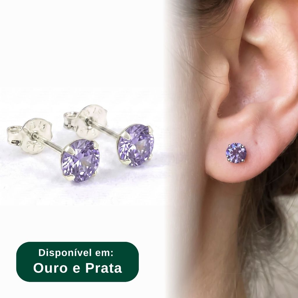 Zemora Brinco Feminino Ponto de Luz 5mm Delicado Brilhante Banhado a Prata ou Ouro Pedra na Cor Roxo Lilás