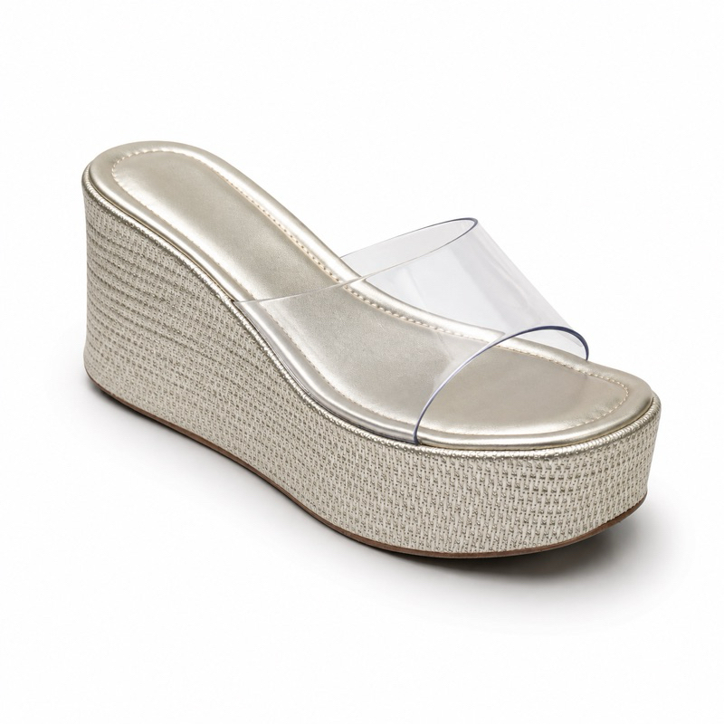 Sandália Plataforma Tamanco Vinil Feminina 8cm Anabela Confortável Elegante Transparente