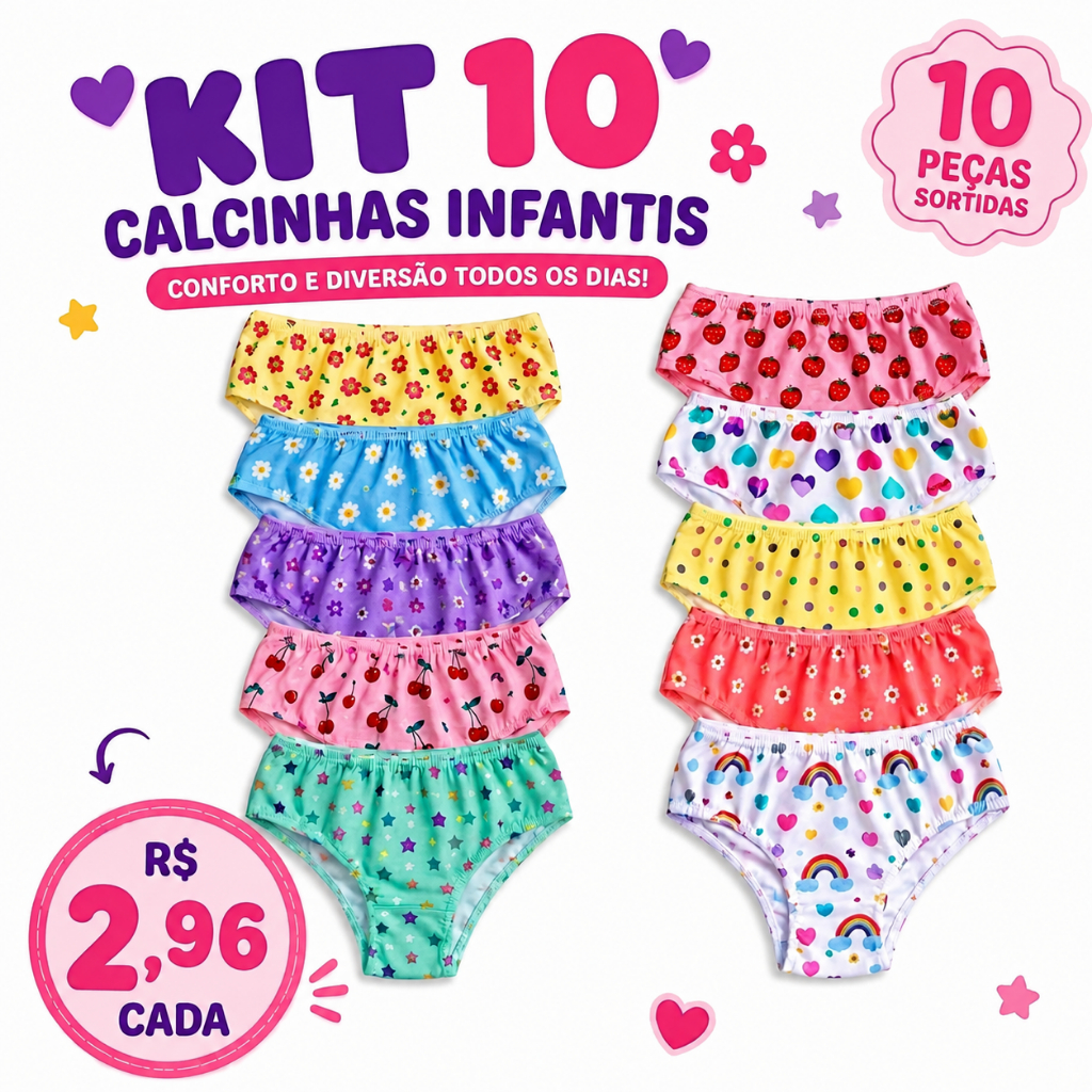 Kit 10/5 Calcinha Infantil 100% Algodão Menina Confortável