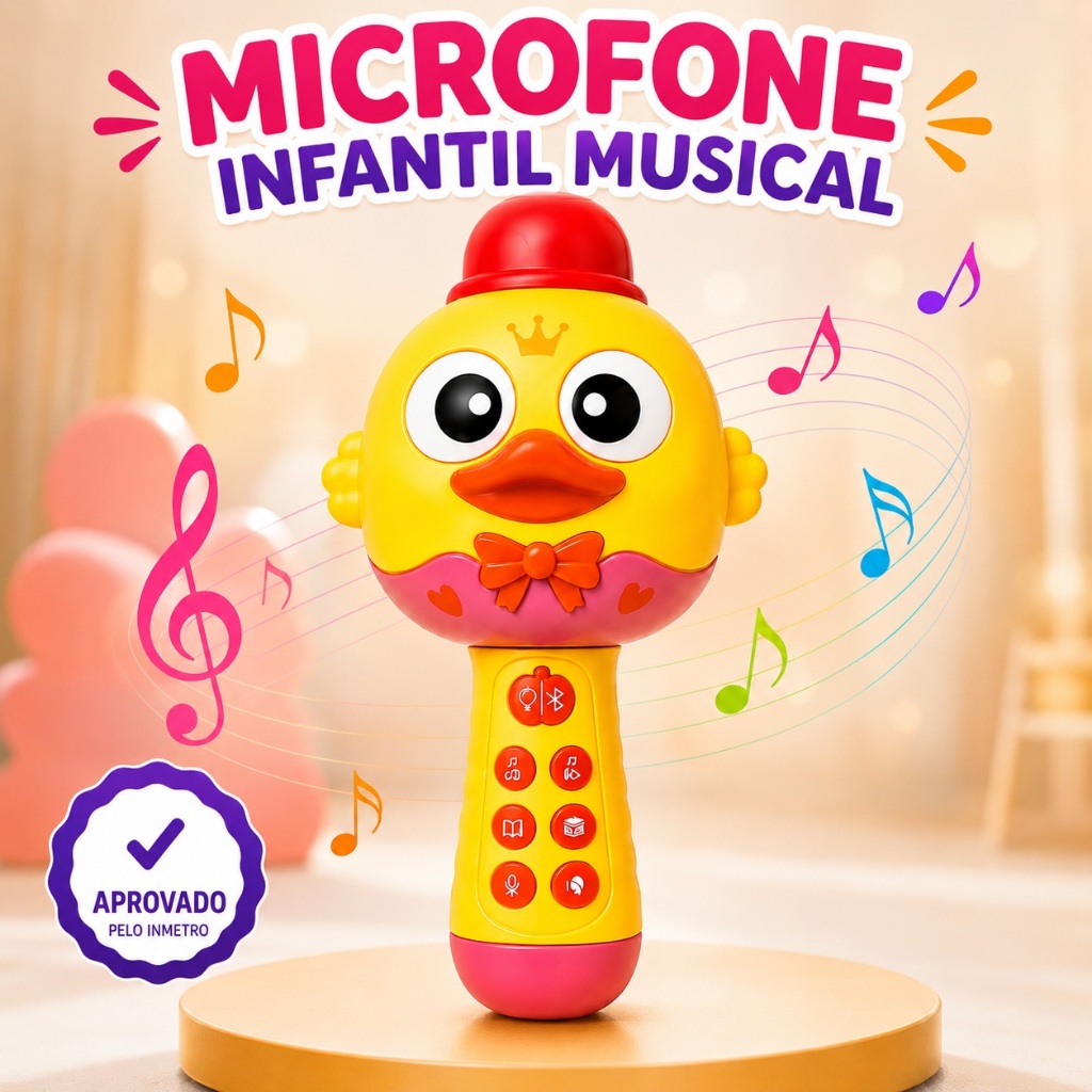 Microfone Infantil Musical Bluetooth Karaokê Recarregável com Histórias Músicas e Gravação Brinquedo