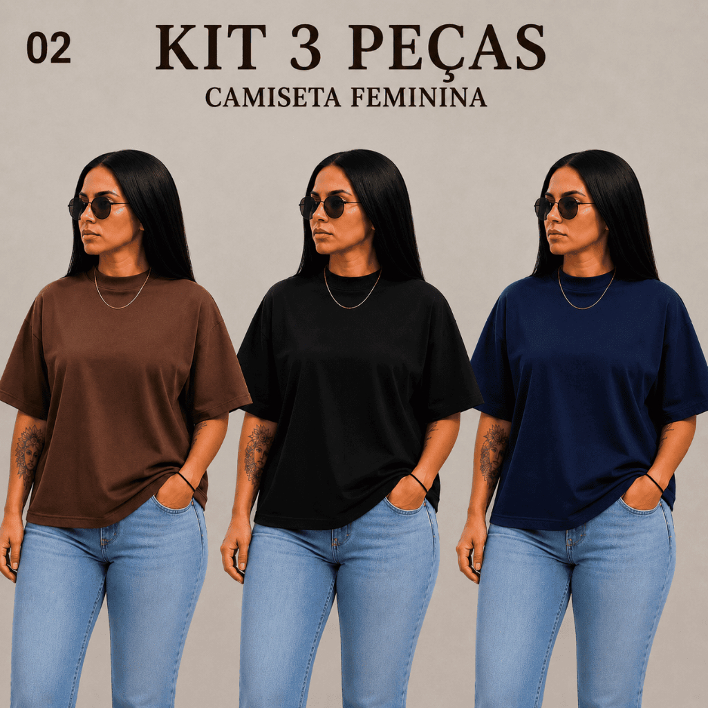 Kit 3 Camisetas Femininas T-Shirt Boxy Manga Oversized Gola Alta 100% Algodão Moda Blogueira Estilosa Moderna