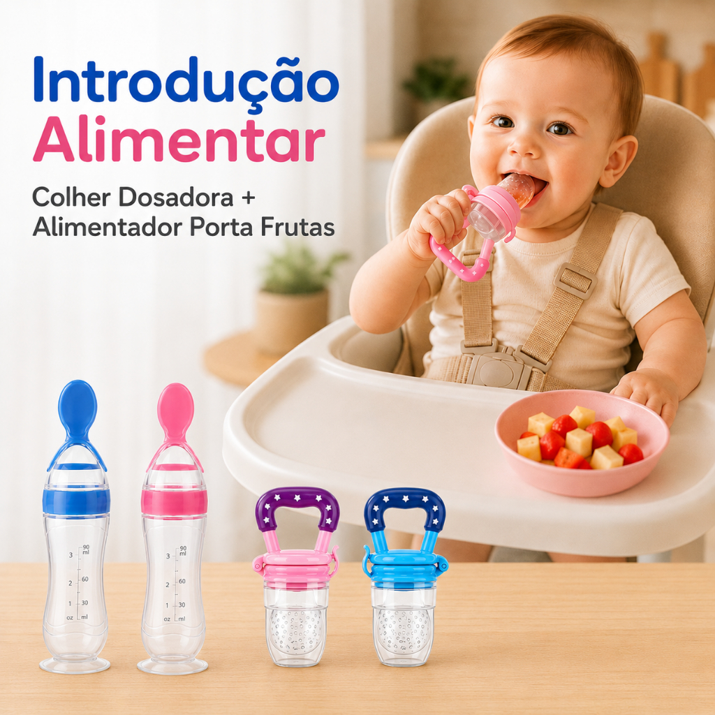 Introdução Alimentar Chupeta Mordedor Porta Frutas e Mamadeira de Silicone com Colher Dosadora 90ml