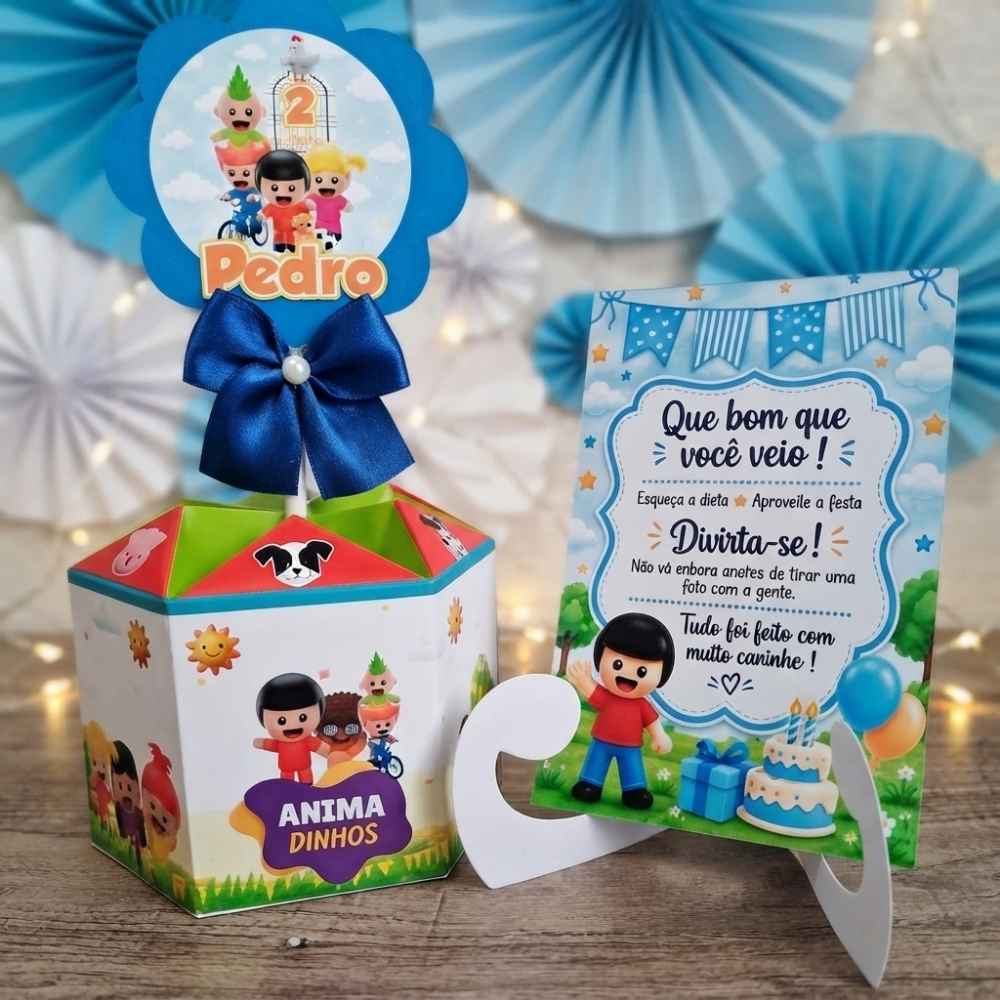 Centro de Mesa Animadinhos Menino + Plaquinha/Cachepô Personalizado/Enfeite/Arranjo/Lembrancinha/Festa/Aniversário