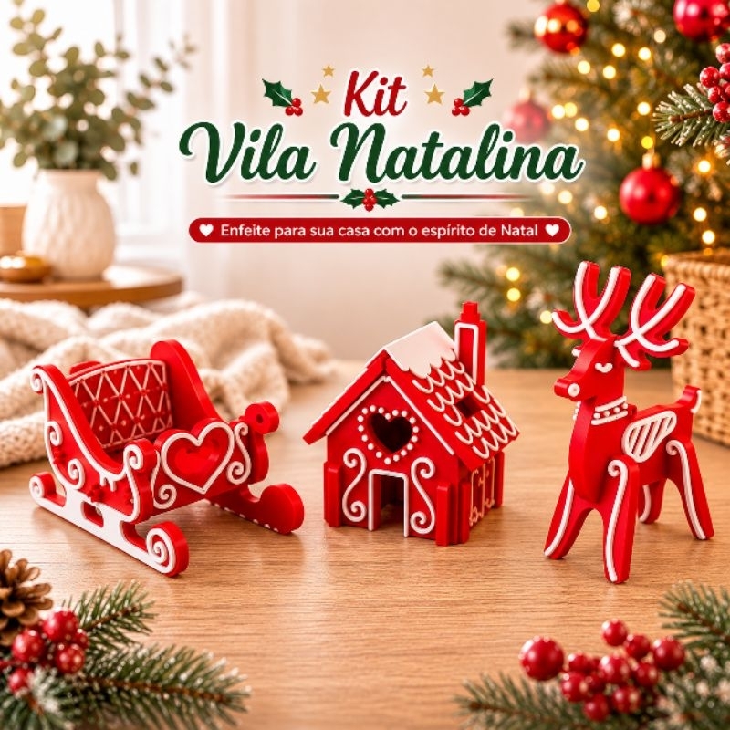 Kit Vila Natalina Decorativa 3 Peças Trenó, Casinha e Rena Enfeite de Natal decoração de casa