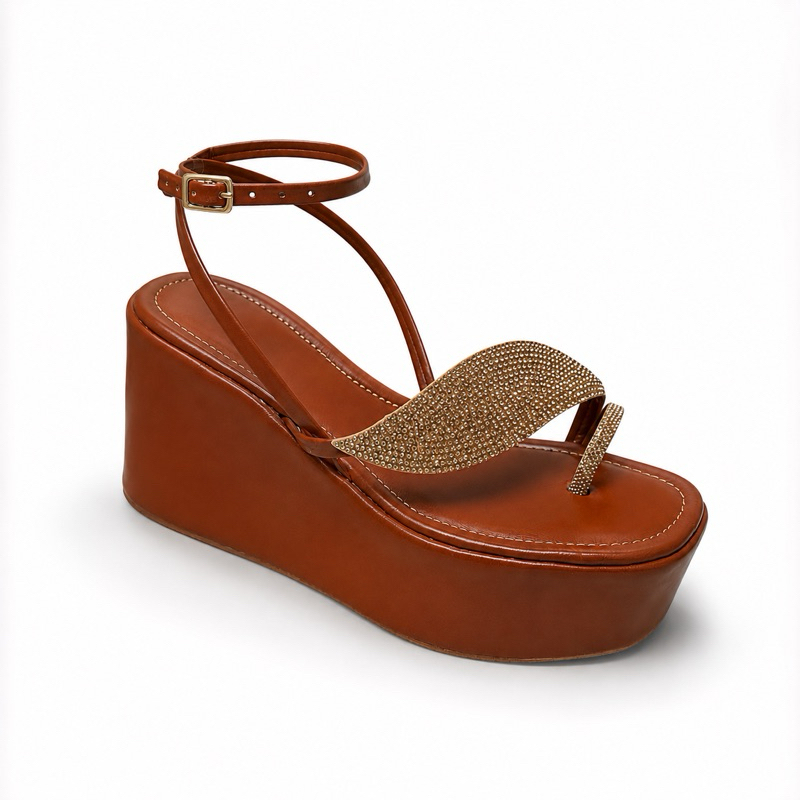 Sandália Plataforma Feminina 8cm Anabela Com Detalhe Strass Abotoar Elegante Casual Confortável.