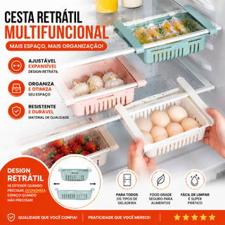 Cesto Organizador De Geladeira Multiuso Gaveta Retrátil Ajustável Prático Portátil