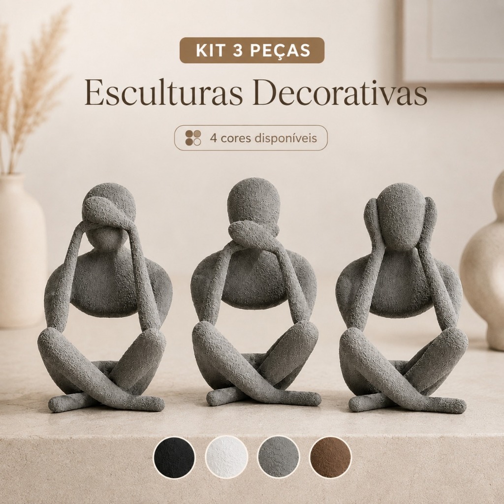 Kit 3 Esculturas Decorativas Trio da Sabedoria Não Vejo Não Ouço Não Falo Minimalista para Sala Escritório