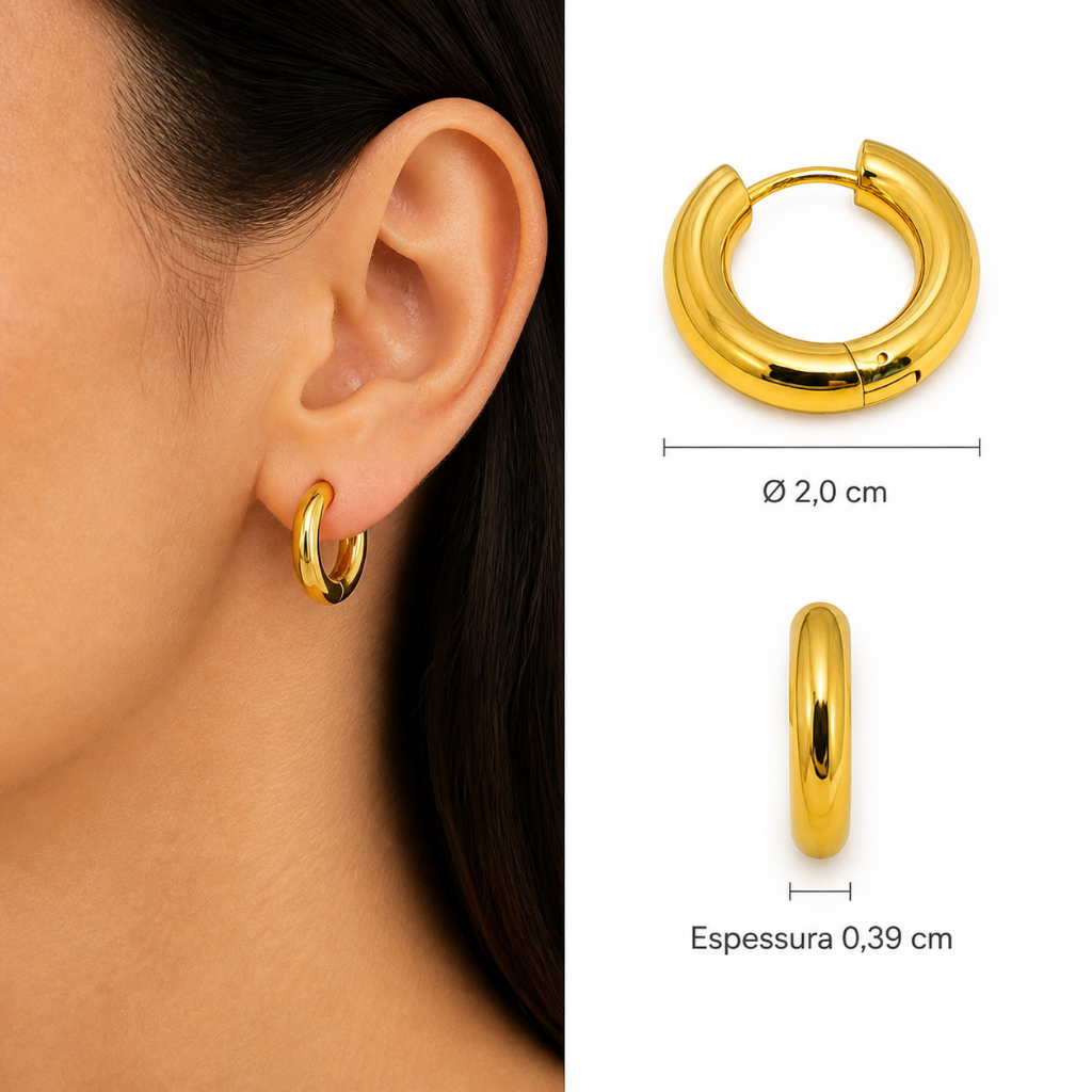 Brinco Feminino Argola Grossa Pequeno Aço Titânio Acabamento Espelhado Dourado/Dourado Antialérgico