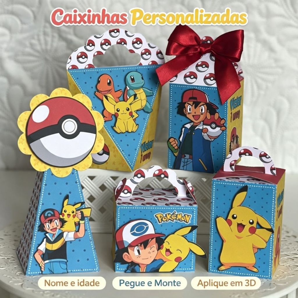 Kit Festa Caixinhas Personalizadas Pokemón com Nome  Idade - Lembrancinha Infantil Aniversário com Aplique