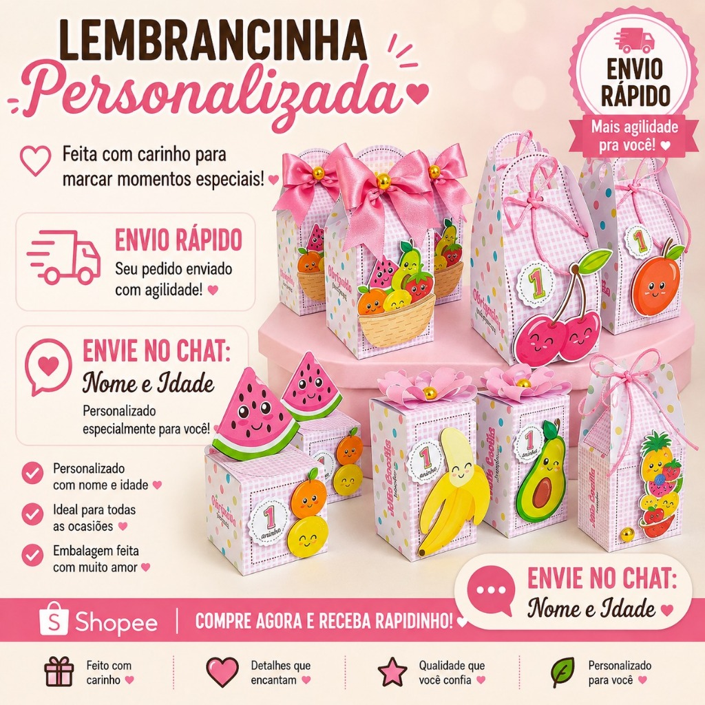 Kit Festa Frutinhas Personalizado | Pegue e Monte | Lembrancinhas de Aniversário | Caixa Milk e Pirâmide