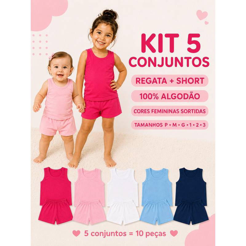 Kit 5 Conjuntos menina camiseta Regata e Short  100% Algodão Fio 24  Bebê Infantil Feminino Cores Sortidas P M G 1 2 3
