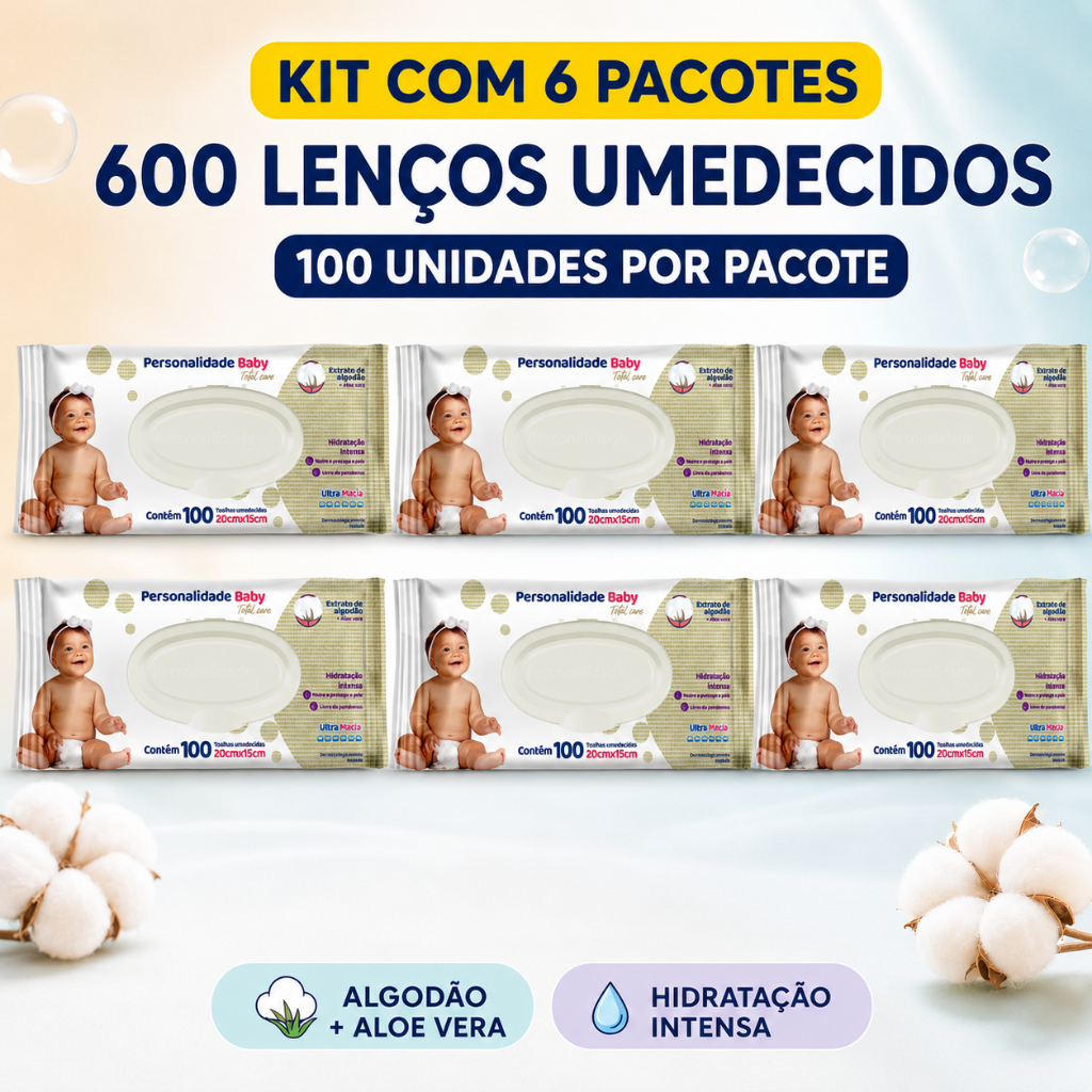 Kit 6 Lenços Umedecidos Personalidade Baby 600 Unidades Aloe Vera