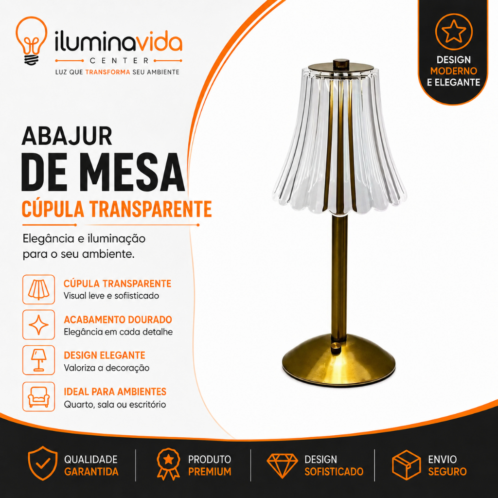 Abajur LED Retrô Dourado Acrílico USB Recarregável Toque Dimerizável