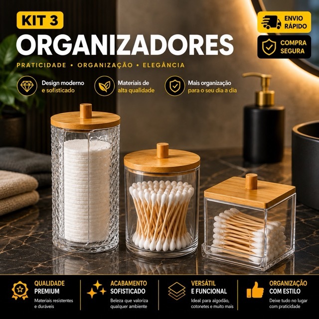 KIT PORTA ALGODÃO , COTONETE E MULTIUSO  3 POTES ORGANIZADORES  COM TAMPA DE BAMBU EM ACRÍLICO