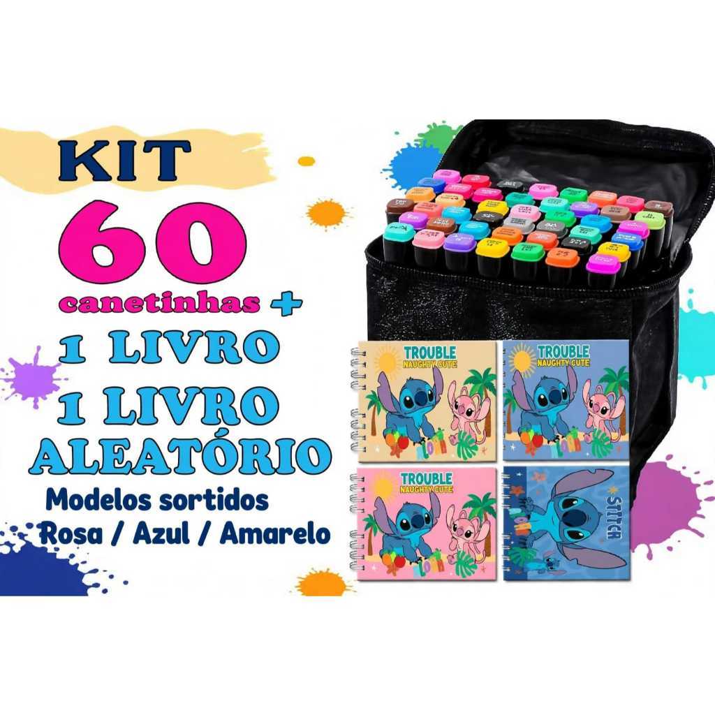 Kit Livro de Colorir Stich Capa Dura+ 24/60/80 Canetinhas Ponta Dupla Desenhos Fofos Infantil Lembrancinha