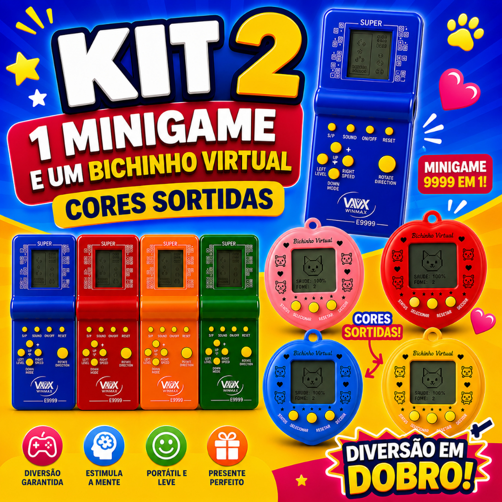 Kit Vídeo Game Portátil 9999 Jogos em 1 Mini Game + Tamagochi Cores Aleatórias