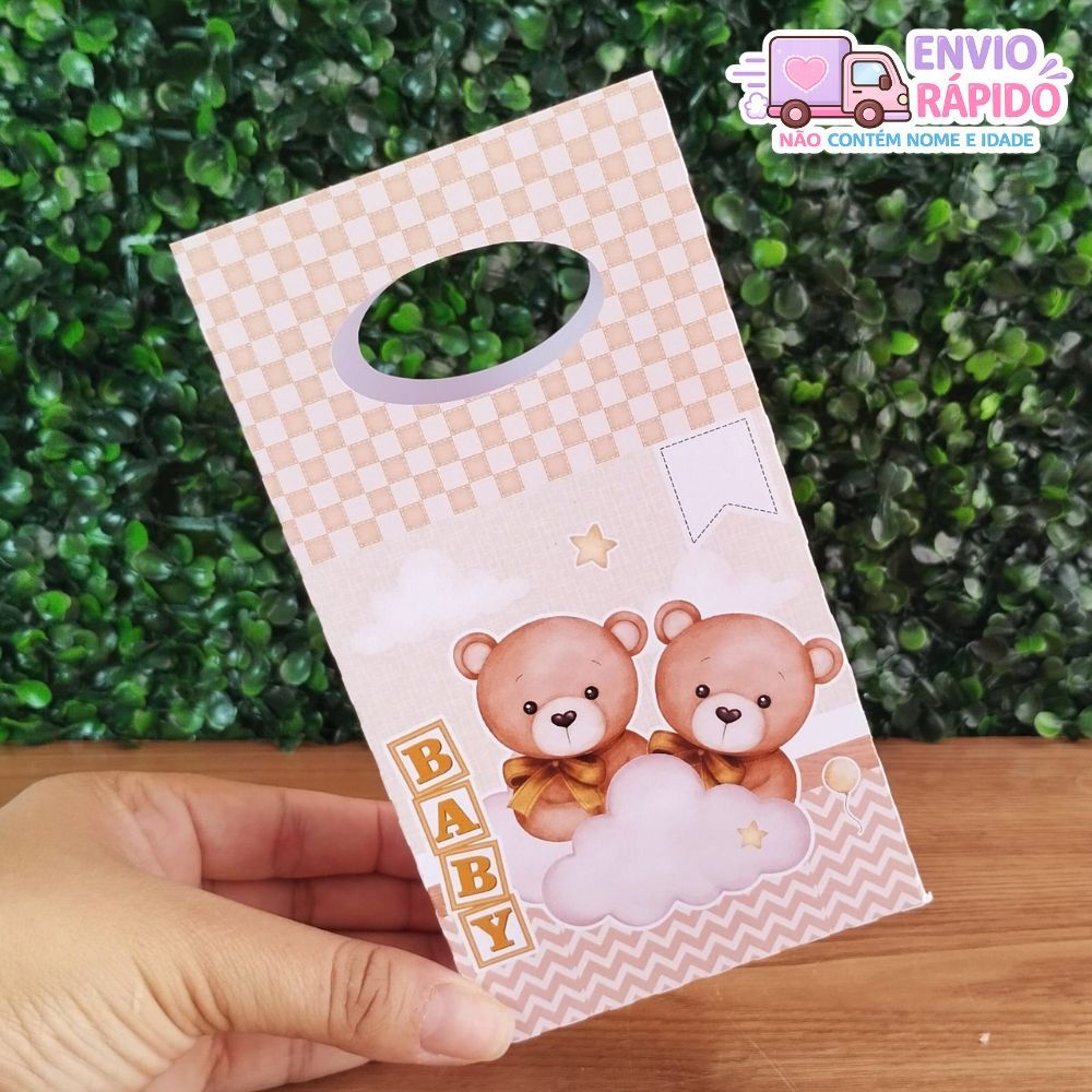 Kit Sacolinhas Chá Revelação URSINHO DOURADO Lembrancinha Festa Infantil Sacola Surpresa de Aniversário