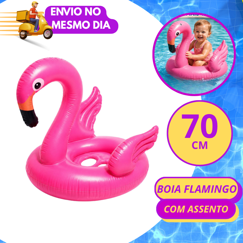 Boia Infantil Flamingo 70cm Com Assento Flutuante Para Crianças Piscina Praia Inflavel Resistente Rosa