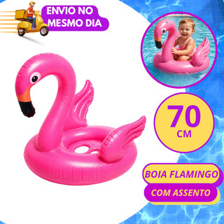 Boia Infantil Flamingo 70cm Com Assento Flutuante Para Crianças Piscina Praia Inflavel Resistente Rosa