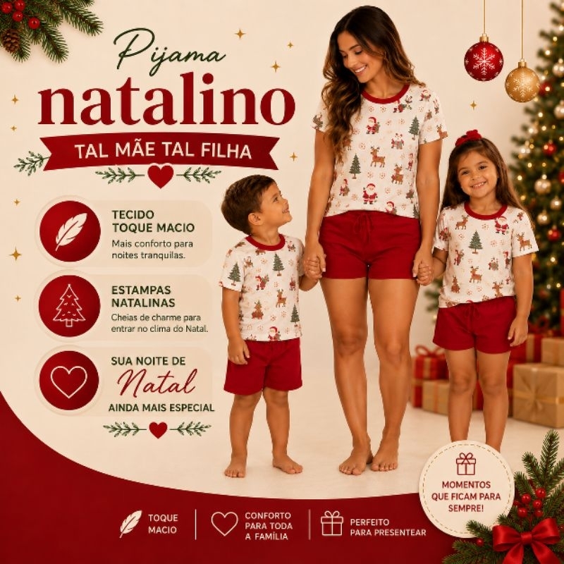 kit pijama NATALINO-  Tal mãe Tal filha em Suede toque aveludado,estampa exclusiva