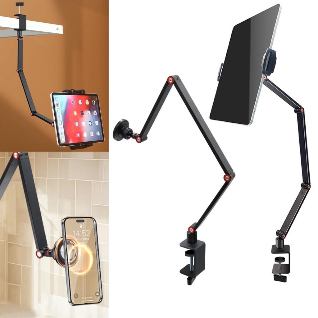Suporte Giratório 360° para Monitor Portátil, Tablet e Celular, Braçadeira Ajustável para Mesa e Cama
