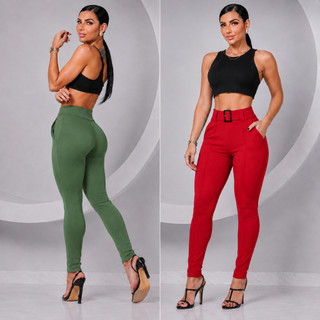 Calça Feminina Malha Pop Cintura Alta com Fivela e Bolsos – Confortável e Elegante