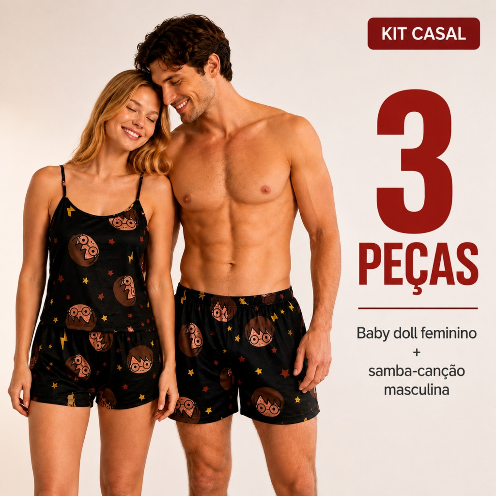 Kit Pijama Casal Feminino Samba Canção Namorados Estampa