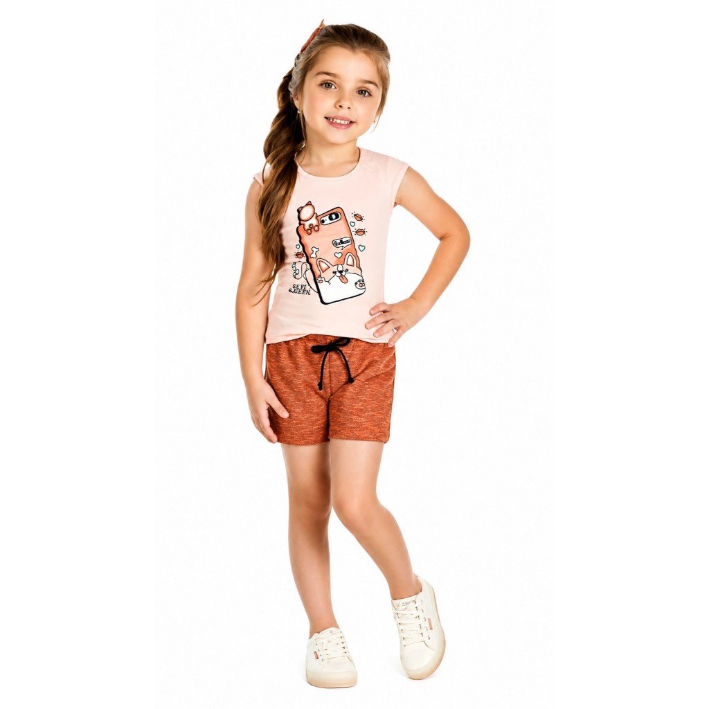 Conjunto infantil Menina Jaki Malhas,blusa de algodão  e cotton estampada e short em moletinho verão