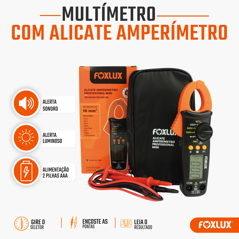 Alicate Amperímetro Foxlux Digital Profissional 1000A Multímetro 16mm2 com Bipe e Teste de Tensão