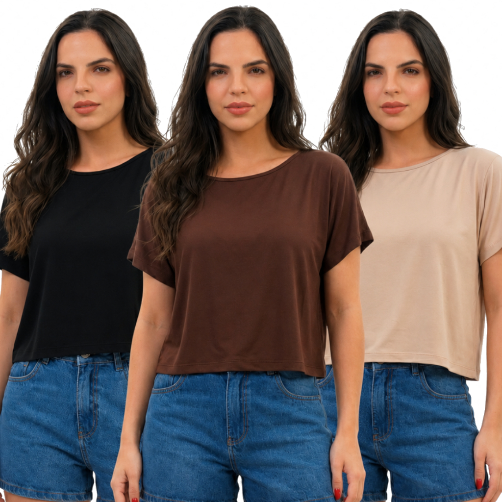 Kit 3 T-Shirt Suplex Feminina Básica Lisa Blusinha Soltinha Quadrada Casual Tendência Blogueira