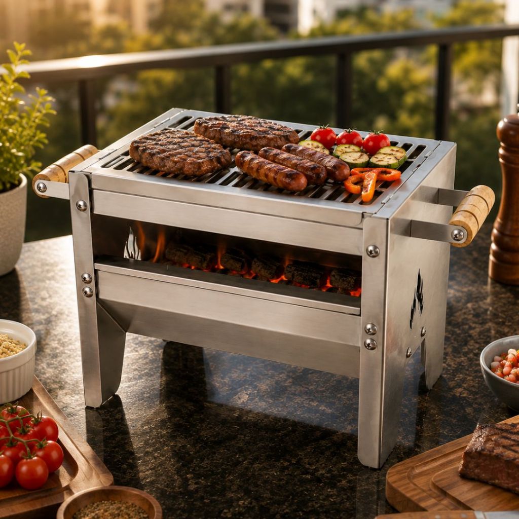 Mini Churrasqueira Portátil Inox Gourmet c/ Grelha Parrilla Desmontável Campeira Praia e Apartamento
