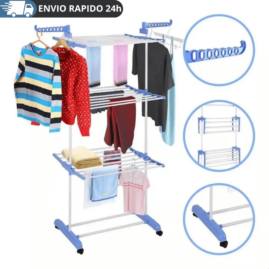 Varal de Chão 3 Andares com Rodinhas Dobrável Multiuso para Roupas