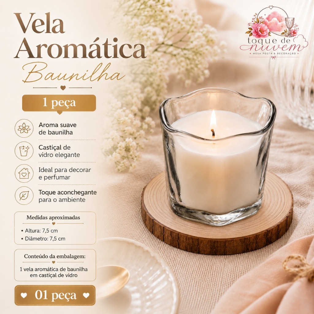 Vela Aromática Baunilha ou Chá Branco em Castiçal de Vidro Decorativo Elegante 7,5cm