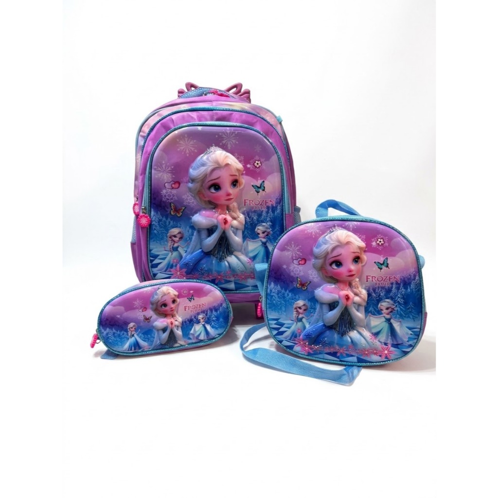 Kit Mochila Escolar Frozen 3D Com Rodinhas E Estojo Em Lona Poliéster Com Lancheira Térmica