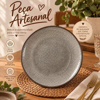 Kit 4 Prato Raso Cerâmica Premium Cinza Esmaltado 29cm Mesa Posta Decoração