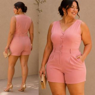 Macacão Feminino Curto de Alfaiataria Premium Decote V e Short com Bolsos Botões Moda Verão Plus Size Elegante Casual