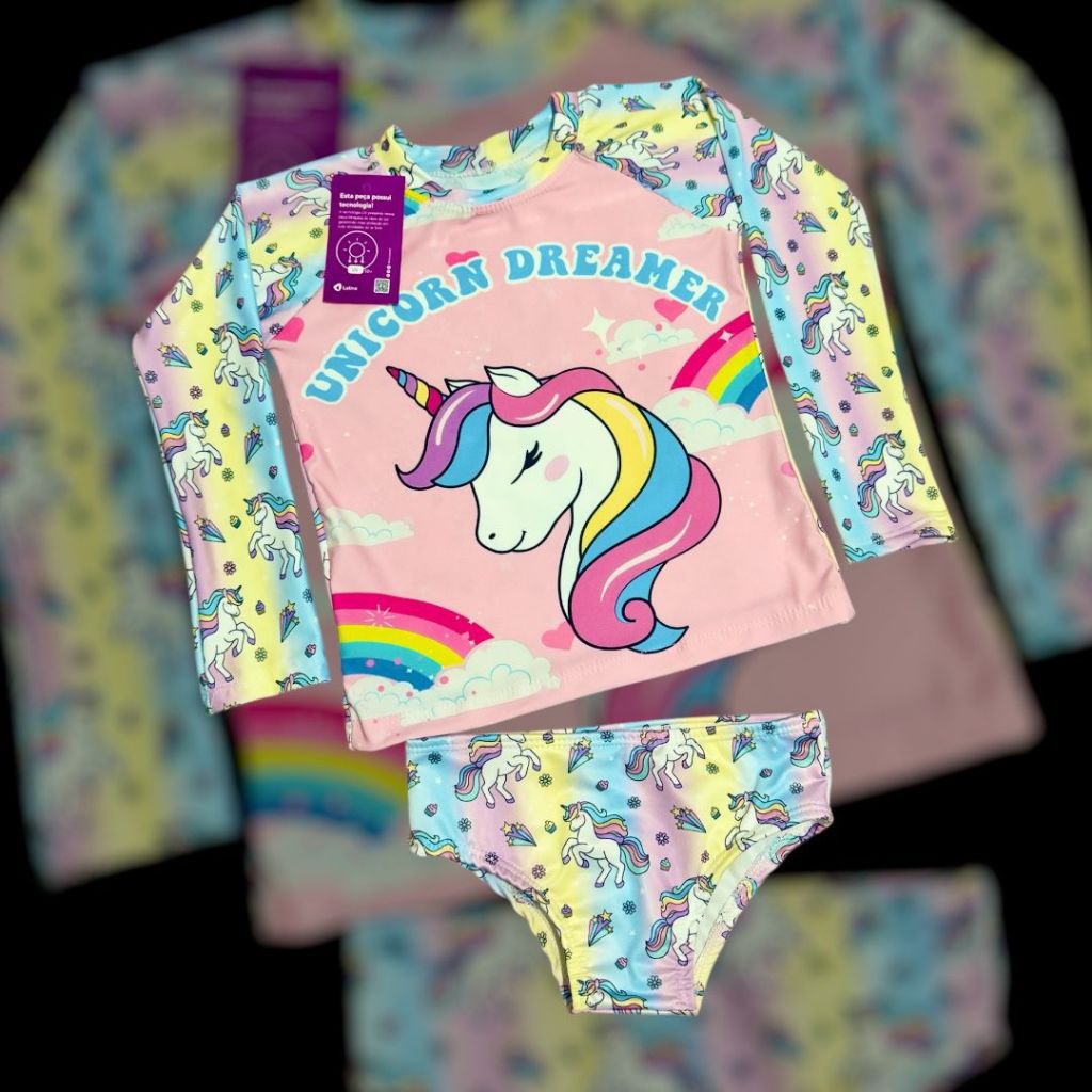 Conjunto de banho com proteção UV 50+ / Natação/ biquíni + camisa - Unicórnio