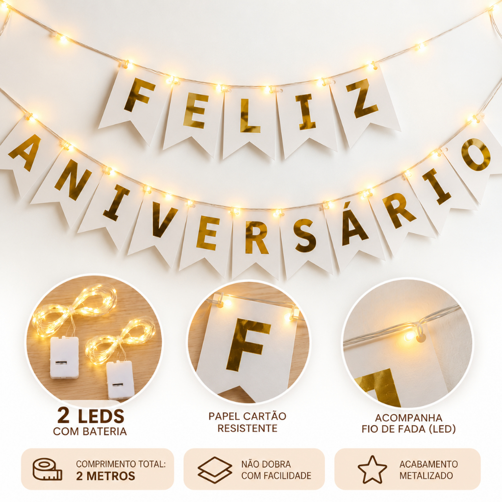 Faixa Feliz Aniversário + 2 Luzes LED Pisca Decoração Festa