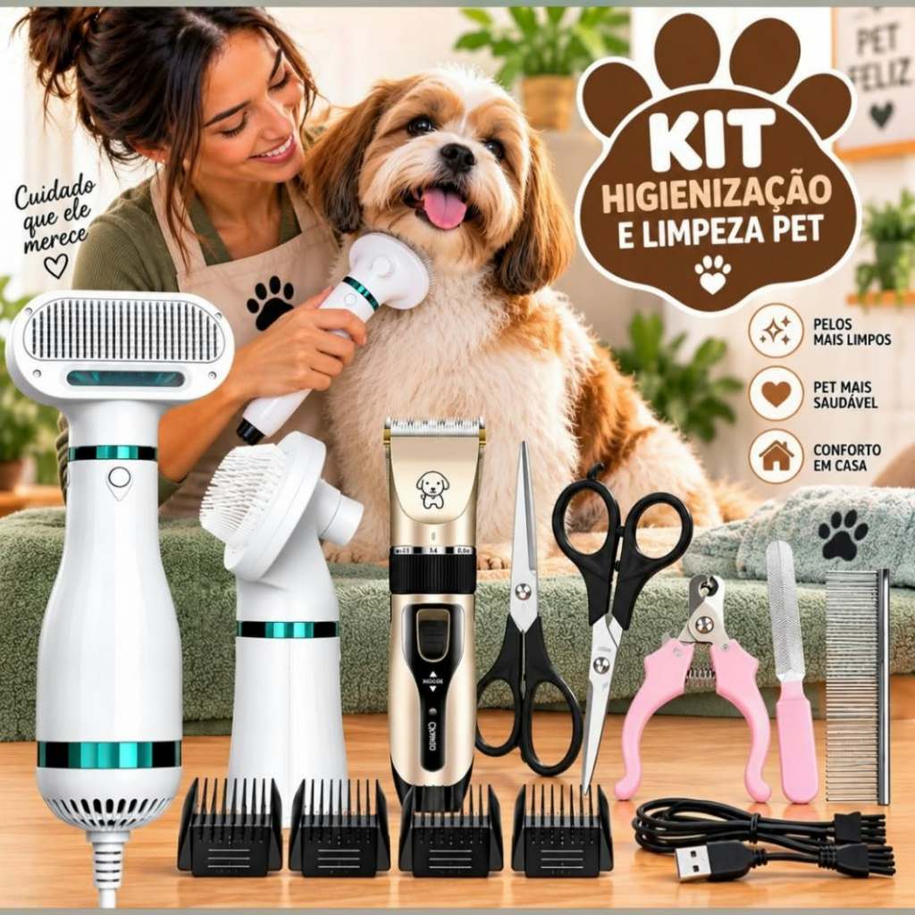 Kit Máquina de Tosa Pet + Escova Secadora 110V  Cachorro Gato Banho Tosa Profissional Recarregável Cães Gatos