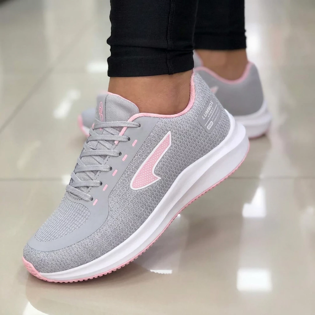Tênis Feminino Respirável Treino Caminhada Passeio Dia A Dia Cinza Com Detalhe Rosa — imagem 1