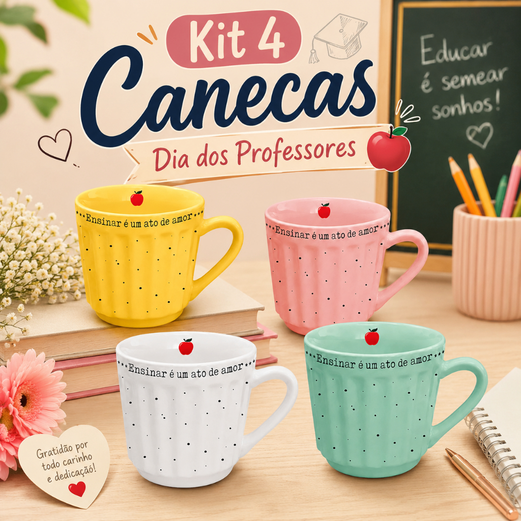 Kit 4 Canecas Porcelana 150ml Dia Dos Professores Frase Inspiradora Coloridas Presente